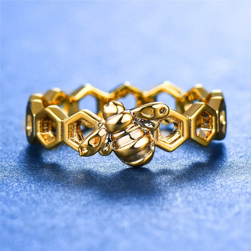 Gold and Rose Gold Colored Honeycomb Ring with Bee Accent