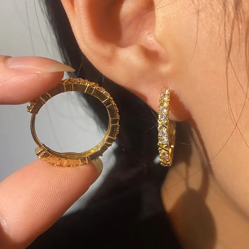 Gold Plated Zircon Cross X Hoop Earrings for Woman